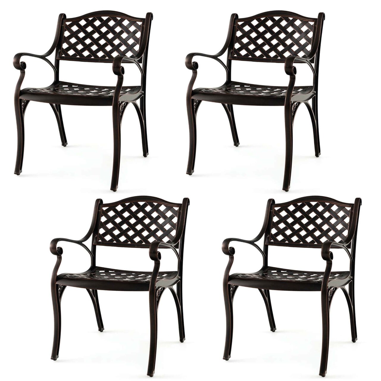 Costway 2/4 PCS Cast Aluminum Patio Chairs Set of 2 All Weather Outdoor Dining Chairs with Armrests Bronze
